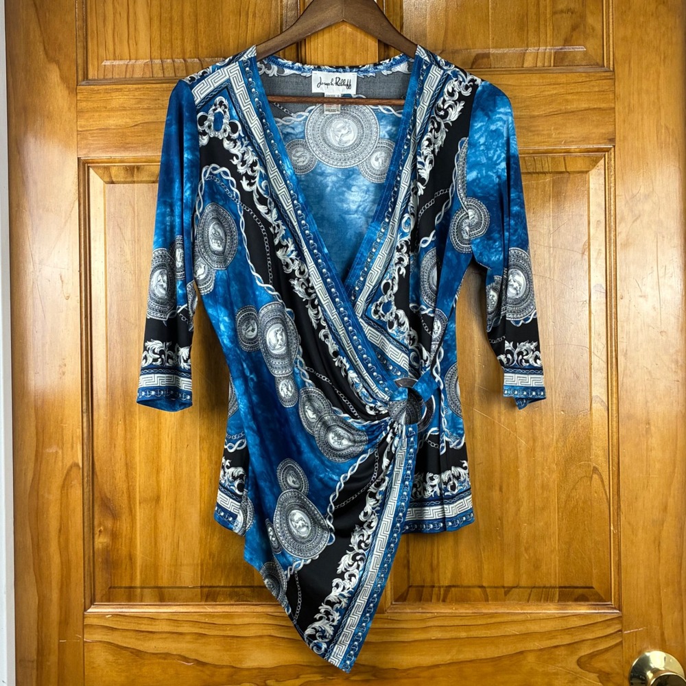 Joseph Ribkoff Blue Baroque Chain Print Faux Wrap Top Size 12 Blue Black 30773M